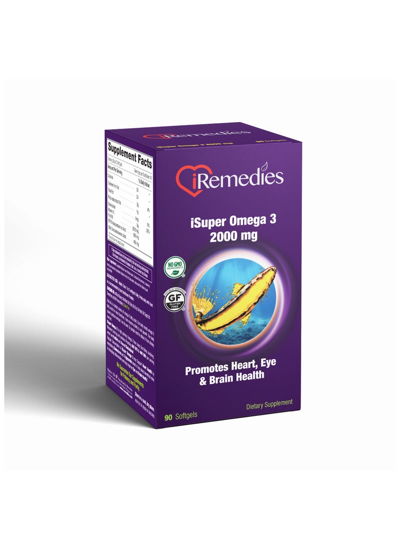 iRemedies iSuper Omega 2000mg - Triple-Strength Omega-3 Fish Oil for Heart, Brain, and Joint Health - 90 Softgels