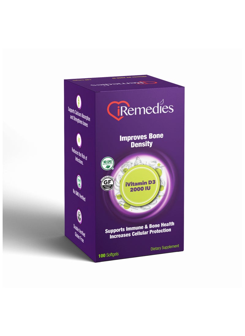 iRemedies iVitamin D3 2000 IU - Daily Vitamin D Supplement for Bone, Immune, and Mood Support - 100 Softgels