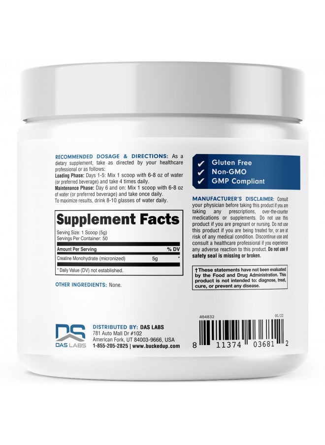 Bucked Up Creatine Monohydrate 250 Grams Micronized Powder, Essentials (50 Servings)