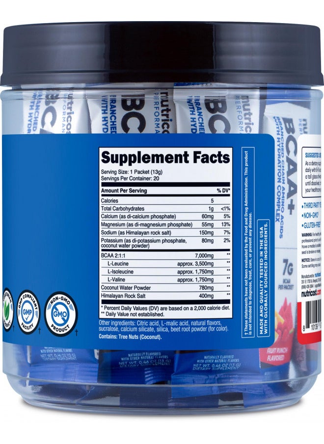 Bcaa+ Hydration Fruit Punch Flavor 20 Stick Packs Glutenfree Nongmo