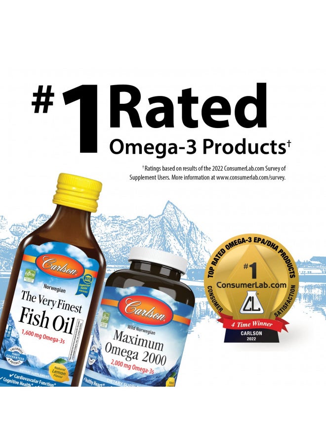 Carlson - Cod Liver Oil, 1100 mg Omega-3s, Liquid Fish Oil Supplement, Wild-Caught Norwegian Arctic, Sustainably Sourced Nordic Liquid, Lemon, 250 ml