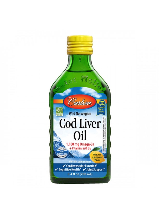 Carlson - Cod Liver Oil, 1100 mg Omega-3s, Liquid Fish Oil Supplement, Wild-Caught Norwegian Arctic, Sustainably Sourced Nordic Liquid, Lemon, 250 ml