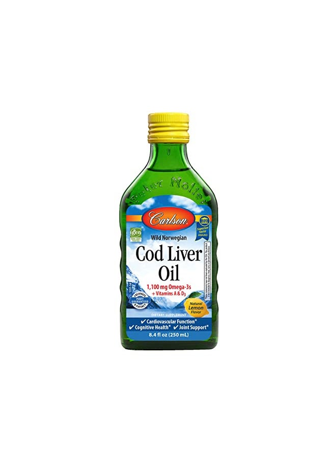 Carlson - Cod Liver Oil, 1100 mg Omega-3s, Liquid Fish Oil Supplement, Wild-Caught Norwegian Arctic, Sustainably Sourced Nordic Liquid, Lemon, 250 ml