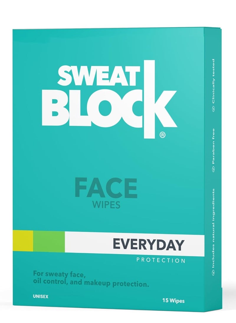 SweatBlock Antiperspirant Face Wipes for Men & Women - Helps Control Oily Skin, Shine & Facial Perspiration - Enhances Makeup Longevity - Clinically Tested - Vitamin E - Box of 15 Travel Size Wipes