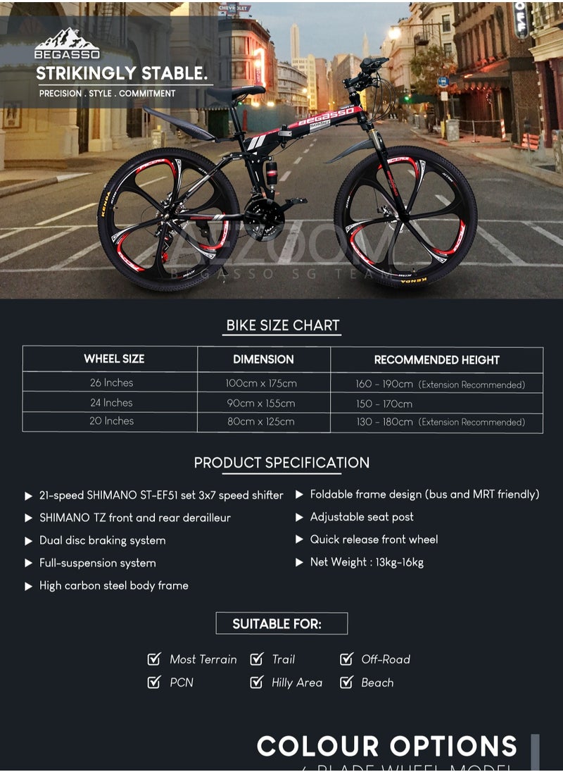 BEGASSO Soldier Series 26 Inch Folding Mountain Bike for Various Terrains - Foldable Bicycle for Men & Ladies