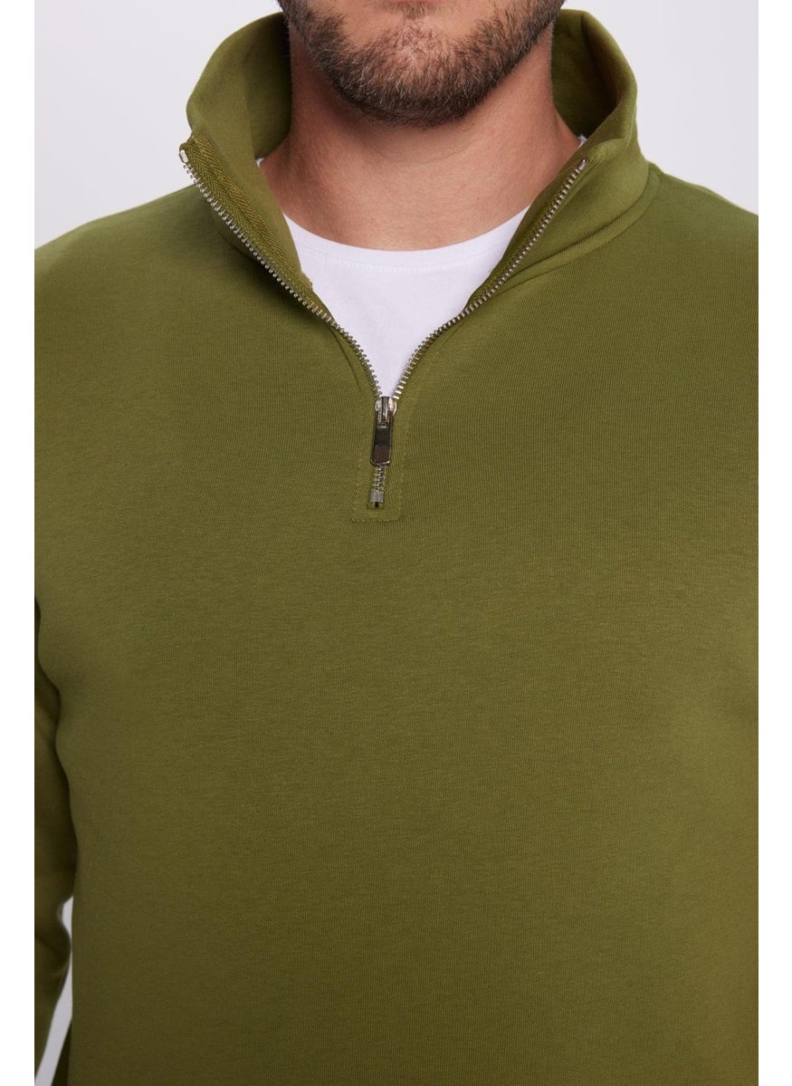 Unisex Relax Fit Comfortable Cut Cotton Fleece Inside Half Zipper Khaki Stand Collar Sweatshirt