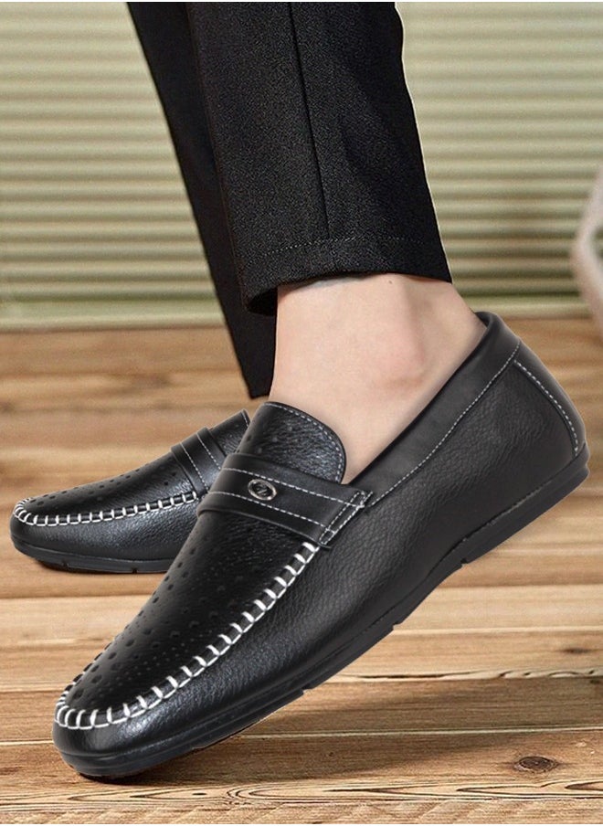 Genuine Leather Slip On Style Walking Shoes Rounded Toe Casual Breathable Rubber Sole Slip-On Loafers