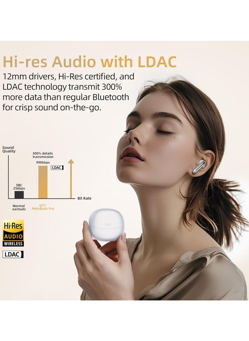 QCY MeloBuds Pro Adpative Active Noise Cancelling Wireless Earbuds LDAC Hi-Res Sound Bluetooth Earphones AI Call Noise Reduction 34H Playtime Multipoint Connection (White)