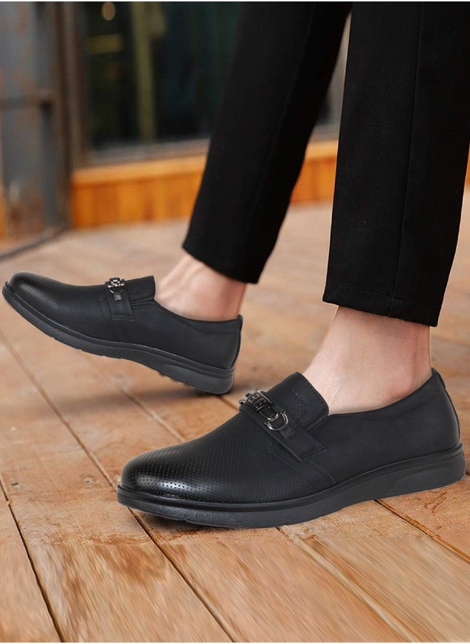 Men's Uniform Dress Shoes Oxford Loafers Low-top Slip On Pull on Leather Formal Round-toe Business Metal Casual Leisure Spring