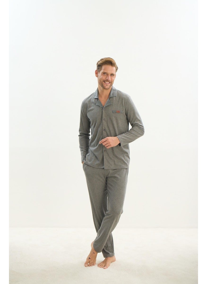 Men's Long Sleeve Shirt Collar Front Buttoned Gray Pajama Set C2T3N5O9