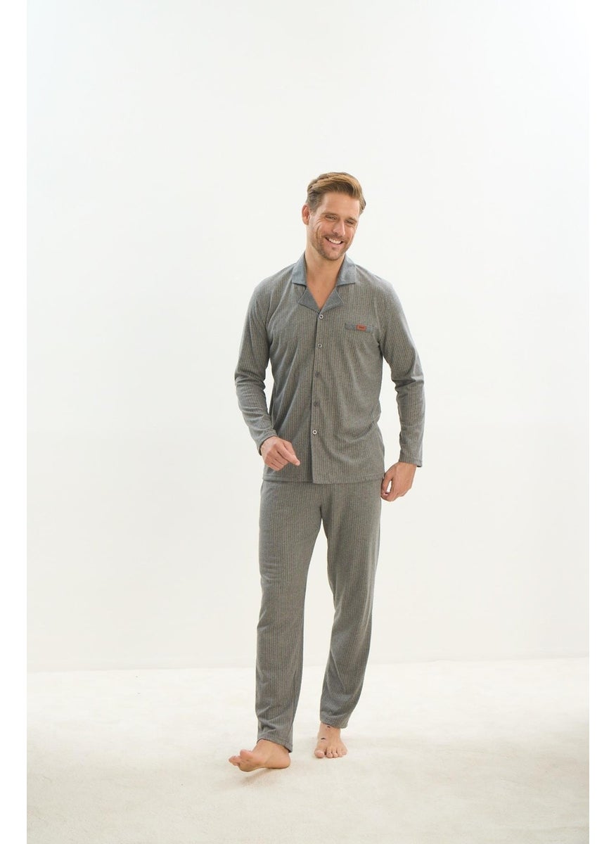 Men's Long Sleeve Shirt Collar Front Buttoned Gray Pajama Set C2T3N5O9