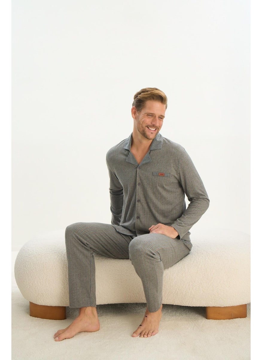 Men's Long Sleeve Shirt Collar Front Buttoned Gray Pajama Set C2T3N5O9