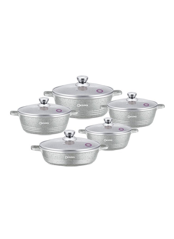 10-Piece Granite Coating Non-Stick Cookware Set Includes 1 x 20cm, 24cm, 28cm, 32cm, casserole with lids, 28cm shallow casserole with lid Grey