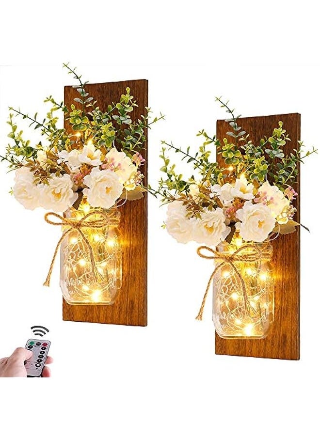 Rustic Wall Sconces Mason Jar Sconces Handmade Wall Art Hanging Design with Remote Control LED Fairy Lights and White Peony,Christmas Decor Gift Farmhouse Wall Home Decor Living Room Lights Set of Two