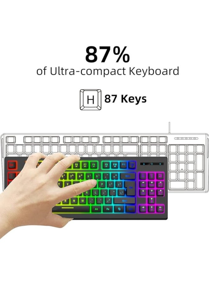 RGB Wireless Mechanical Gaming Keyboard, 87 Keys LED Backlit Computer Keyboard with Rechargeable Battery, 2.4G USB Receiver, Ergonomic Compact Keyboard for PC Gamer(Black)