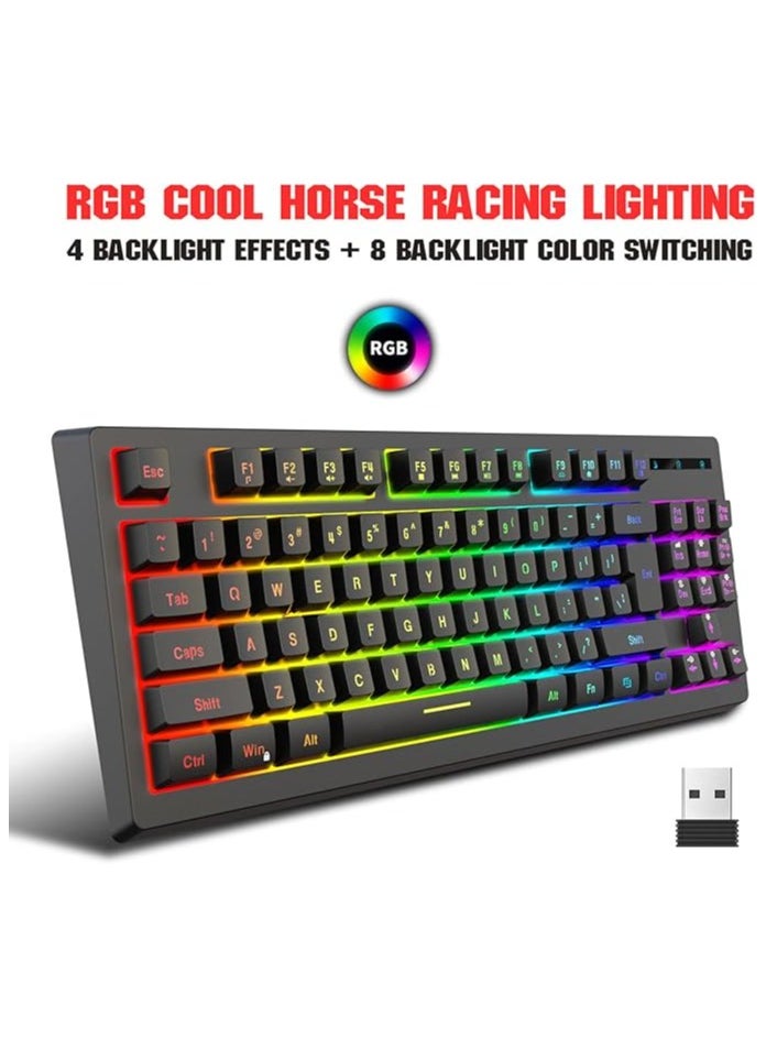 RGB Wireless Mechanical Gaming Keyboard, 87 Keys LED Backlit Computer Keyboard with Rechargeable Battery, 2.4G USB Receiver, Ergonomic Compact Keyboard for PC Gamer(Black)