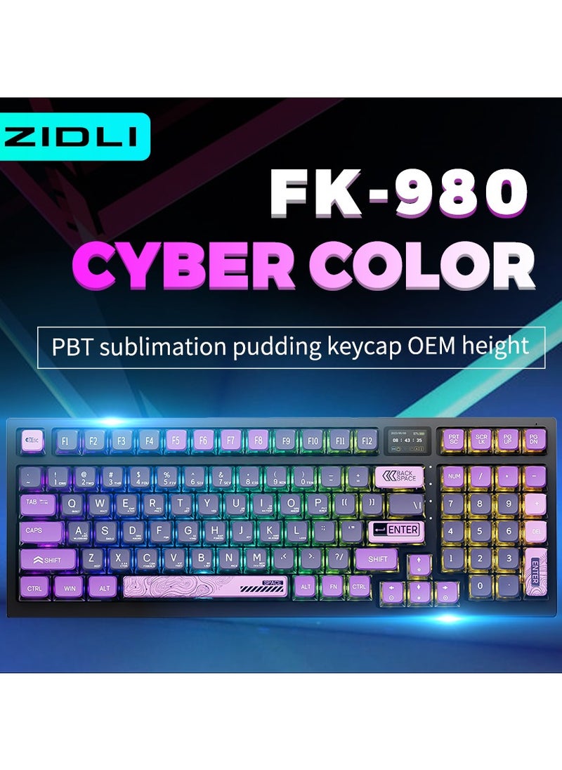 ZIDLI FK980 Custom Mechanical Keyboard with DIY Display Screen RGB Gasket Structure KTT Hyacinth Switches Wireless Triple Connectivity 98-Key Compact Layout PBT Keycaps 5 Color Variants