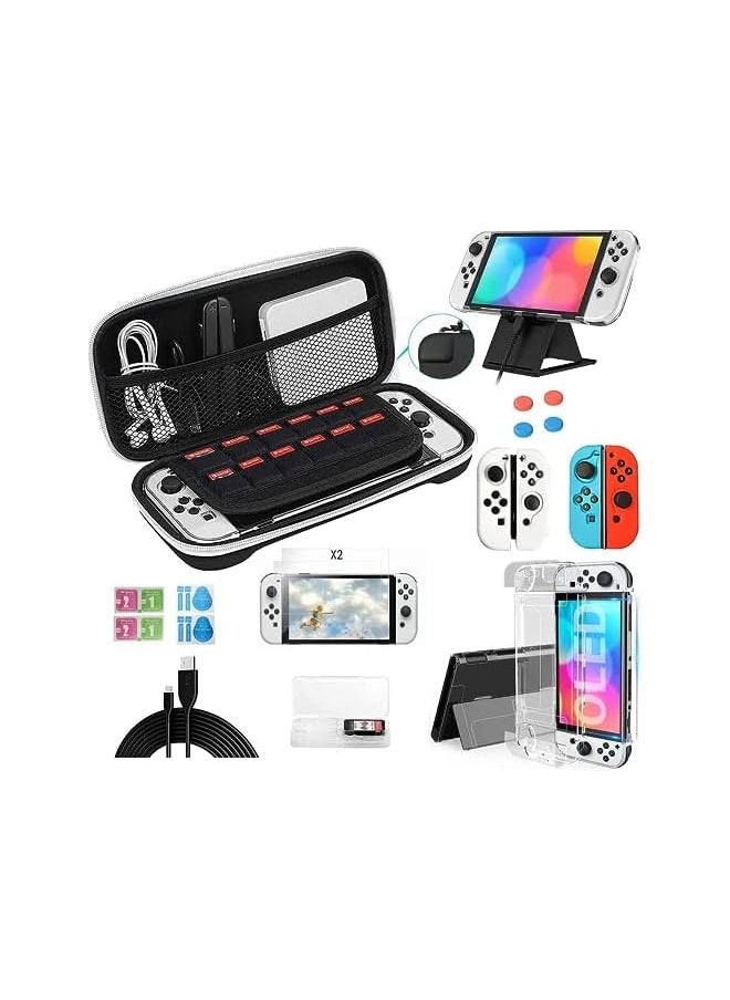 14 in 1 Carry Case for Nintendo Switch Sports, Switch Console Accessories, Portable Travel Carry Case Include Screen Protector & TPU Clear Soft Case & Data Cable & Adjustable Stand, Black