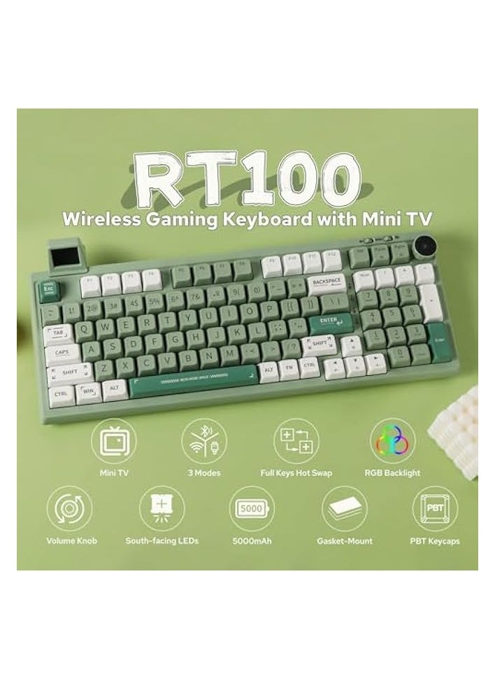 RT100 97 Keys Gasket BT5.0/2.4G/USB-C Mechanical Keyboard with Customizable Display Screen, Knob, Hot Swappable Socket, 5000mAh Battery for Win/Mac(RT100 Green, Flamingo Switch)