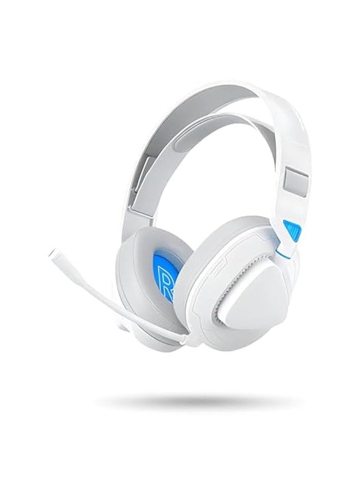 PC Gaming Headset, 4 Modes Wired 2.4G Wireless Bluetooth with Noise Cancelling Mic, Adjustable Headband, Ove Ear Gaming Headphones for PC Laptop (White Blue)