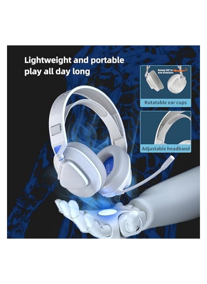 PC Gaming Headset, 4 Modes Wired 2.4G Wireless Bluetooth with Noise Cancelling Mic, Adjustable Headband, Ove Ear Gaming Headphones for PC Laptop (White Blue)