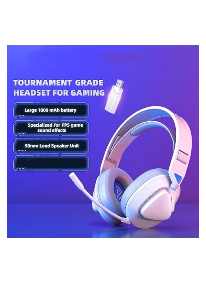 PC Gaming Headset, 4 Modes Wired 2.4G Wireless Bluetooth with Noise Cancelling Mic, Adjustable Headband, Ove Ear Gaming Headphones for PC Laptop (White Blue)