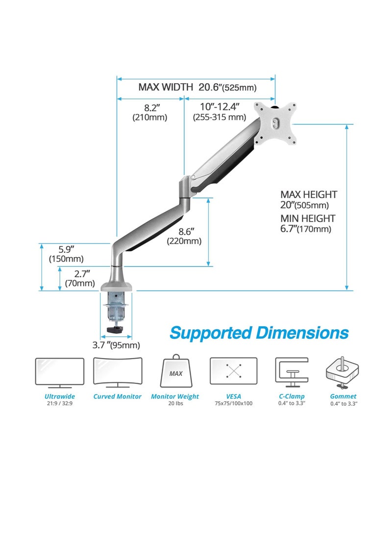 Single Monitor Desk Mount Holds 20 lbs Ultrawide Screen - Height Adjustable Full Motion Articulating Gas Spring Arm for 13