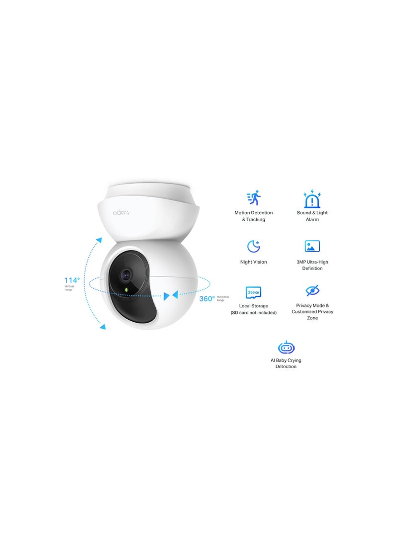 Tapo TP-Link Pan/Tilt Smart Security Camera, Indoor CCTV, 360° Rotational Views, Works with Alexa&Google Home, No Hub Required, 3MP(2304 × 1296) High Definition, Night Vision, SD Storage(C210)