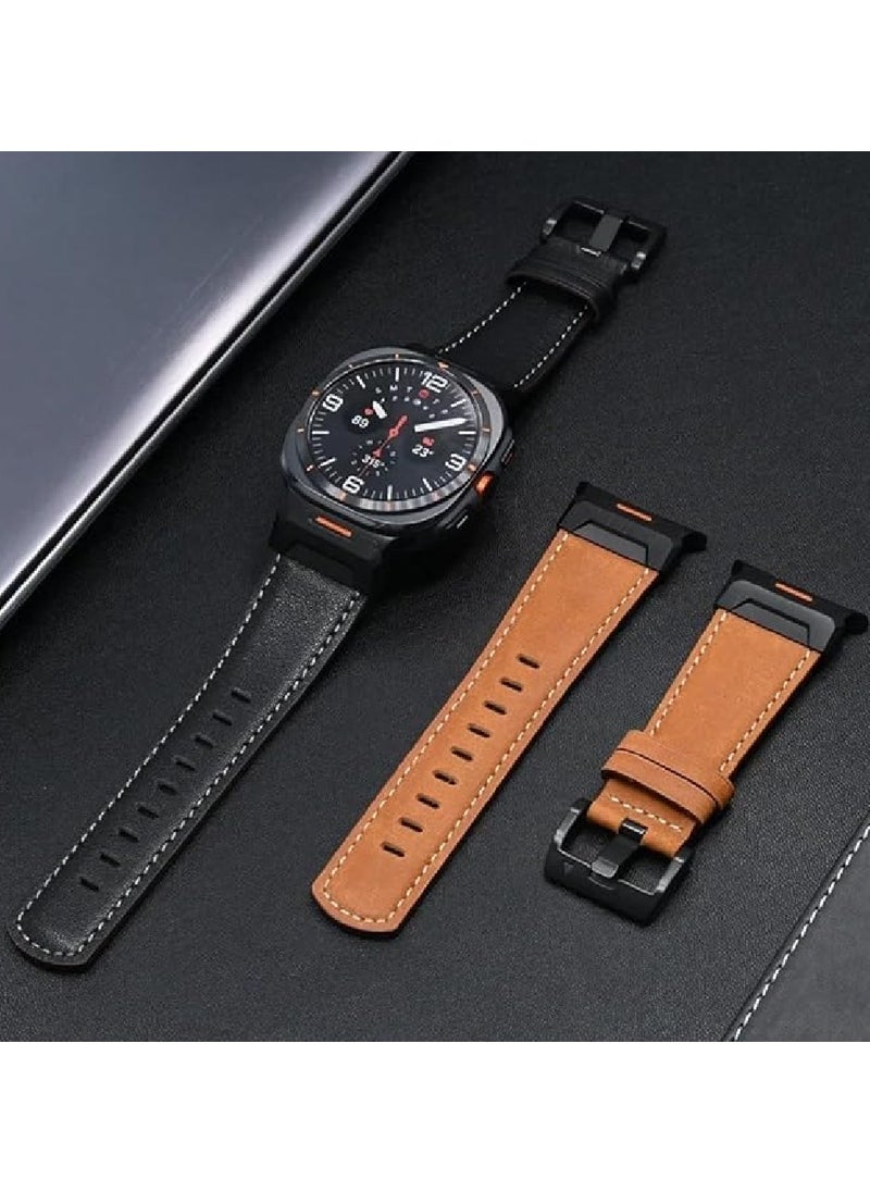 Band Compatible with Samsung Galaxy Watch 7 Ultra 47mm for Men Women, Rugged Leather Wide Sport Strap with Stainless Steel Metal Adapter