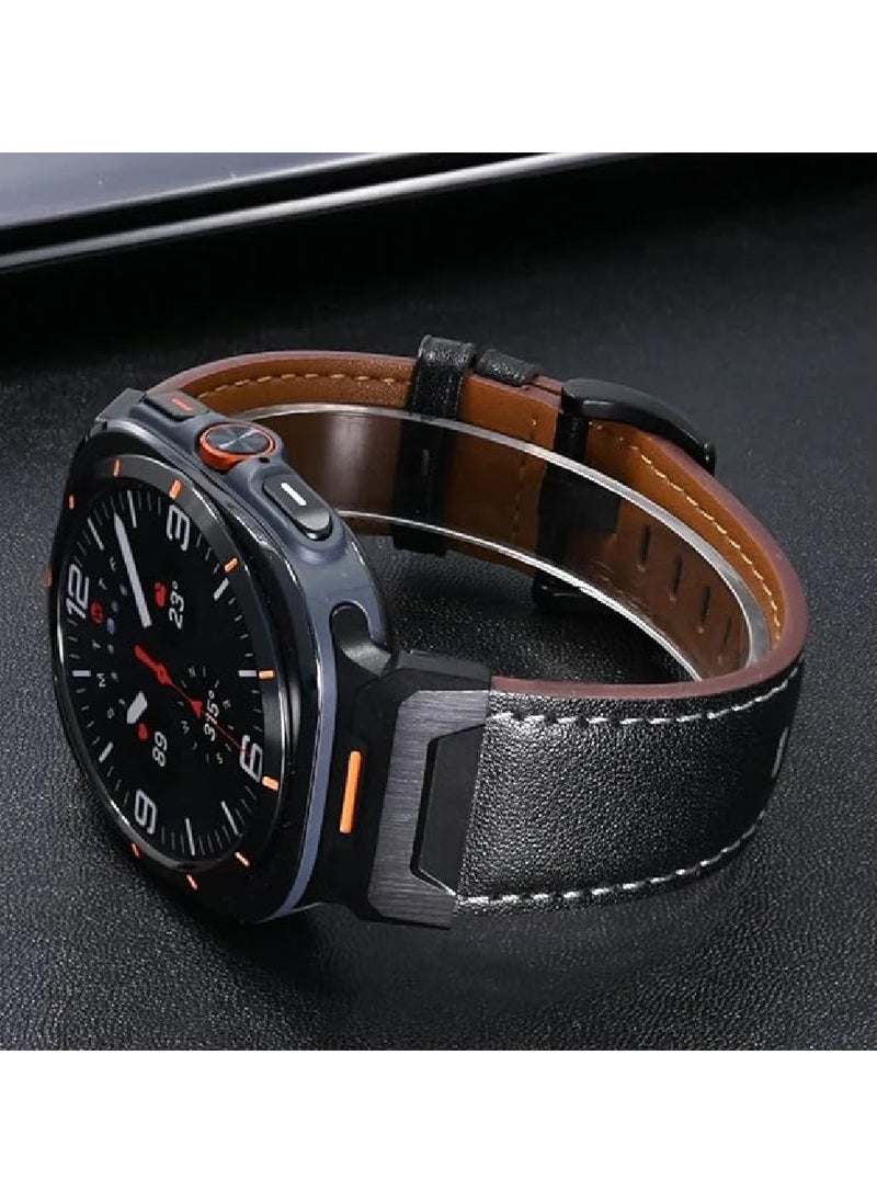 Band Compatible with Samsung Galaxy Watch 7 Ultra 47mm for Men Women, Rugged Leather Wide Sport Strap with Stainless Steel Metal Adapter