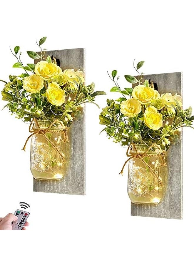 Wall Decor Mason Jar Sconces - Rustic Farmhouse Home Decor with Remote Control Wall Lights and Yellow Rose for Bedroom Wall Decor Living Room Kitchen Decorations Set of Two