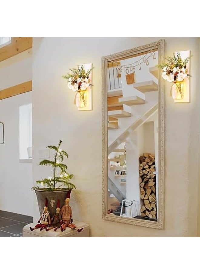 Rustic Wall Sconces Mason Jar Sconces Handmade Wall Art Hanging Design with Remote Control LED Fairy Lights and White Peony, Christmas Decor Gifts Farmhouse Home Decor Living Room Lights Set of Two