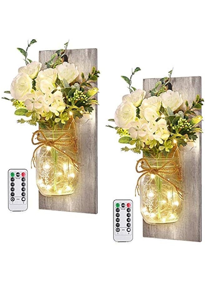 Wall Decor Mason Jar Sconces - Home Decor Wall Art Hanging Design with Remote Control LED Fairy Lights and White Rose, Farmhouse Wall Decorations for Bedroom Living Room Lights Set of Two