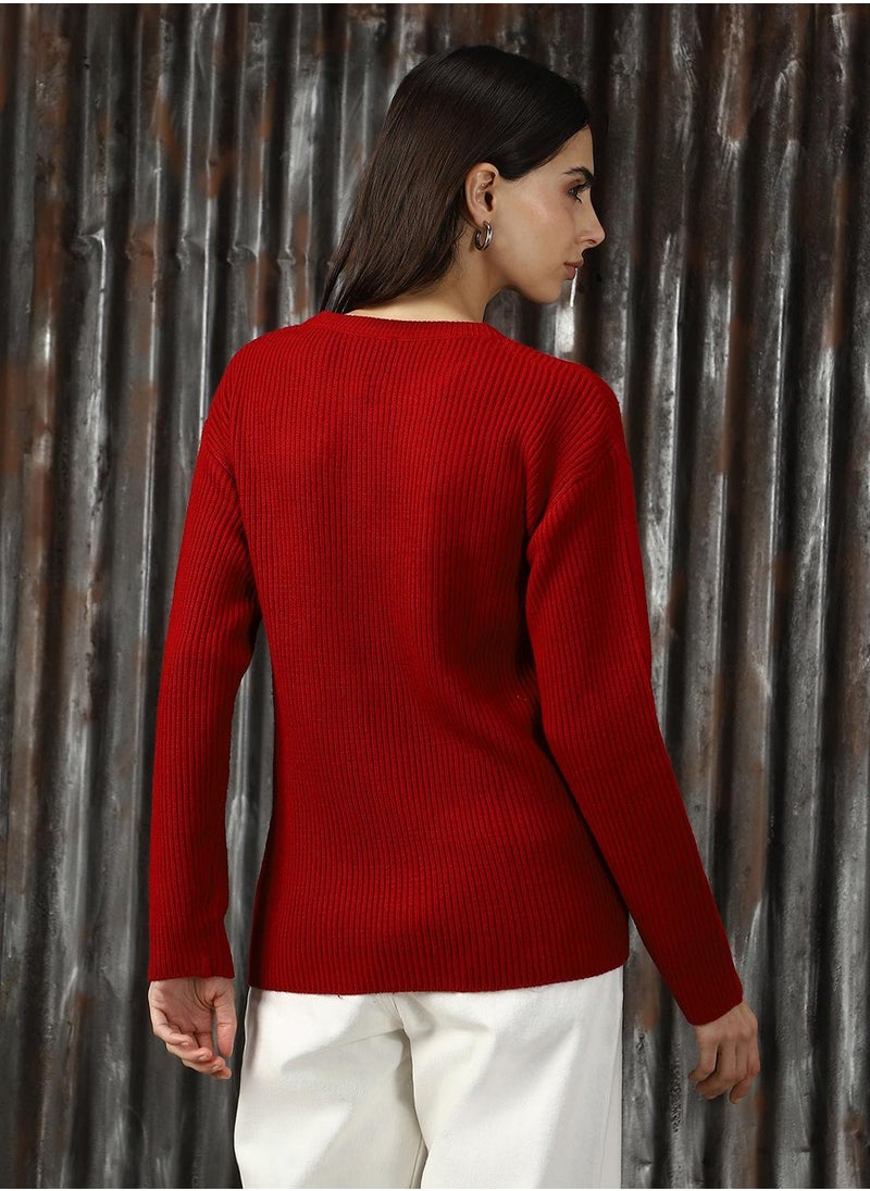 Women's Red 100% Acrylic Solid Sweater