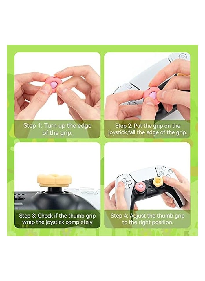 Cute Thumb Grip Caps for Controller, Thumbsticks Cover Set Compatible with Switch Pro Controller, 4Pcs - Heart & Flower