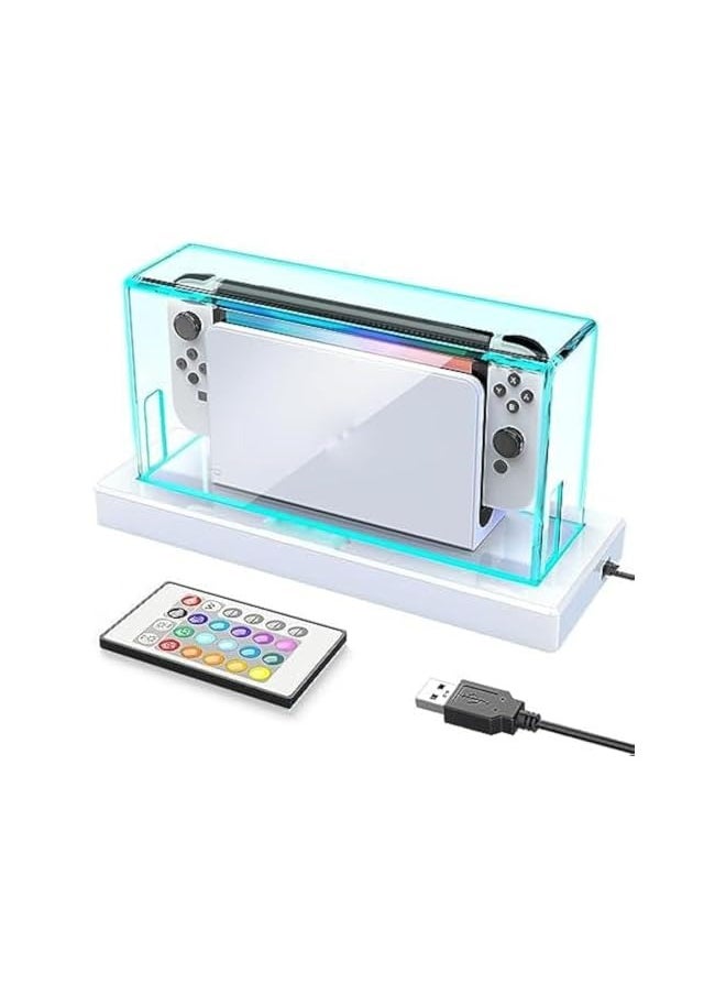 Switch Dust Cover, with 16 LED Colors Light Base, Fit for Nintendo Switch/OLED, Acrylic Clear Display Box Anti-Scratch Waterproof Slim Dock Case, Cool Switch Accessories(with Remote)