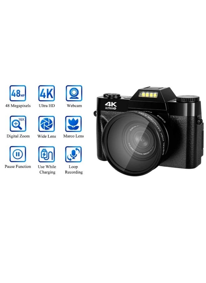 Compact 4K Digital Camera Video Camcorder 48MP 3Inch IPS Screen Auto Focus 16X Zoom with 32G Memory Card