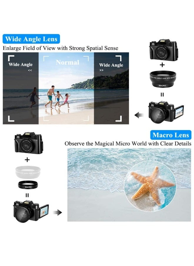 Compact 4K Digital Camera Video Camcorder 48MP 3Inch IPS Screen Auto Focus 16X Zoom with 32G Memory Card