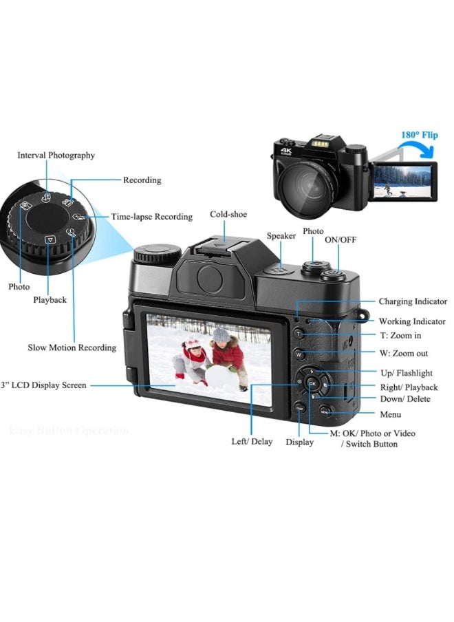 Compact 4K Digital Camera Video Camcorder 48MP 3Inch IPS Screen Auto Focus 16X Zoom with 32G Memory Card