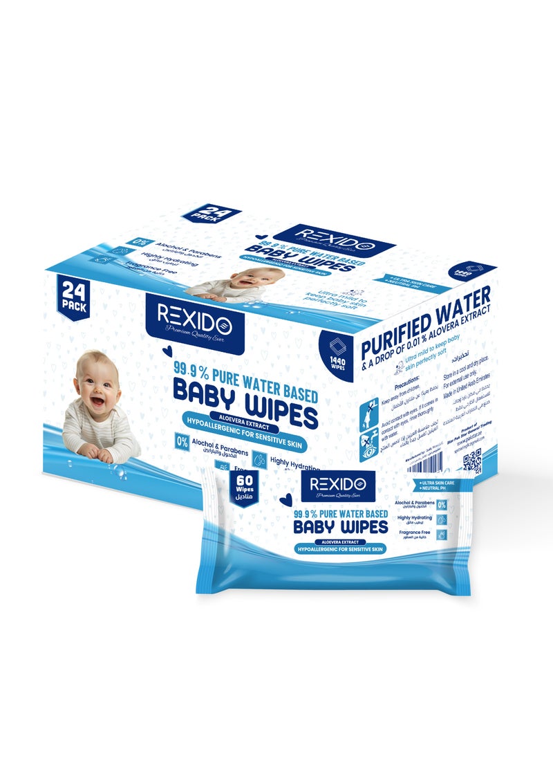 Premium & 99.9% Pure Water Baby Wipes, Hypoallergenic & Unscented For New Born Sensitive Skin, Parabens Free Wet Wipes, Highly Hydrating, 1440 Count, (24 Pack)