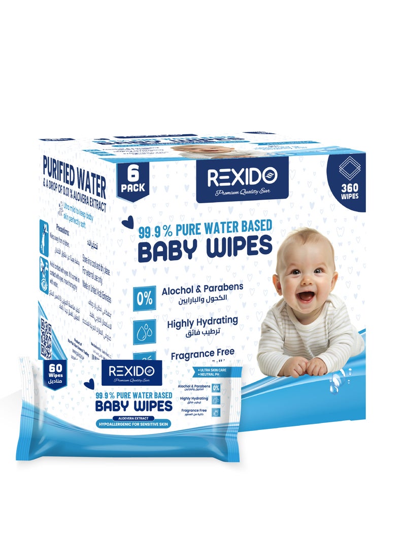 Premium & 99.9% Pure Water Based Baby Wipes, Alcohol & Parabens Free, Highly Hydrating, Unscented Wet Wipes For New Born Baby Skin, 360 Count (6 Pack)