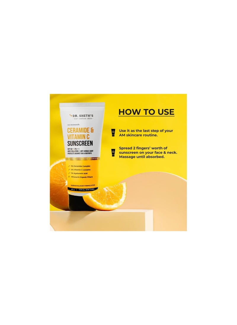 Dr. Sheth's Ceramide & Vitamin C Sunscreen |SPF 50+ Pa+++|Bright Skin, Healthy Glow|Non-Greasy, Quick-Absorbing|No White Cast Protection|Women & Men|All Skin Types, 80G