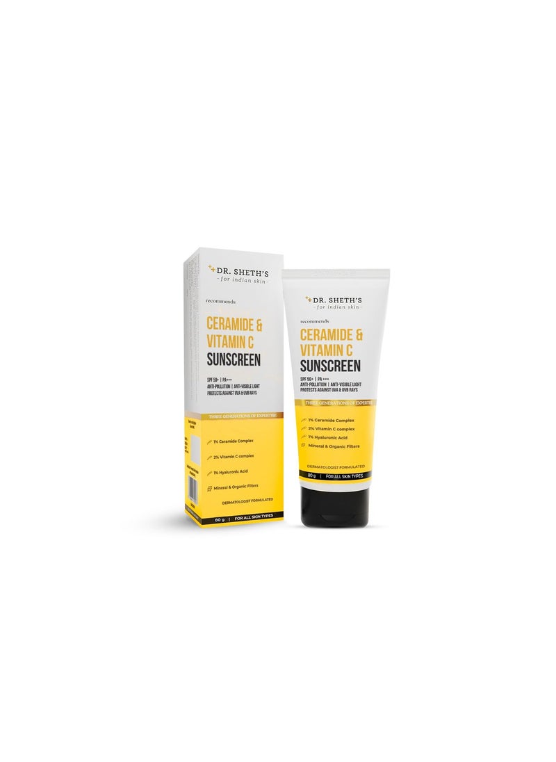 Dr. Sheth's Ceramide & Vitamin C Sunscreen |SPF 50+ Pa+++|Bright Skin, Healthy Glow|Non-Greasy, Quick-Absorbing|No White Cast Protection|Women & Men|All Skin Types, 80G