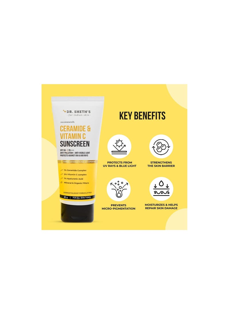 Dr. Sheth's Ceramide & Vitamin C Sunscreen |SPF 50+ Pa+++|Bright Skin, Healthy Glow|Non-Greasy, Quick-Absorbing|No White Cast Protection|Women & Men|All Skin Types, 80G