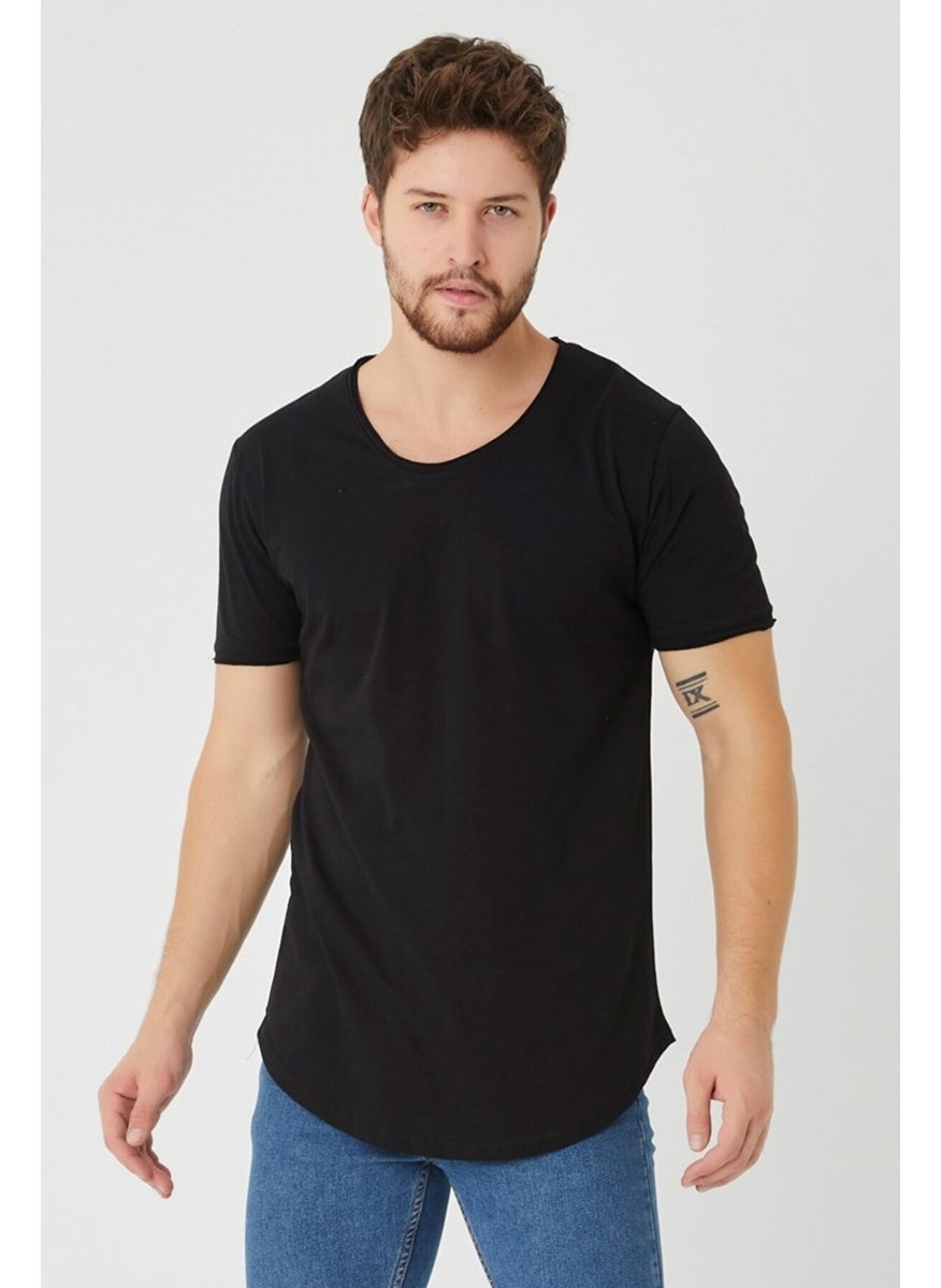 Cool Style Black Men's Oval Cut Slim Fit Sloppy Collar Casual T-Shirt