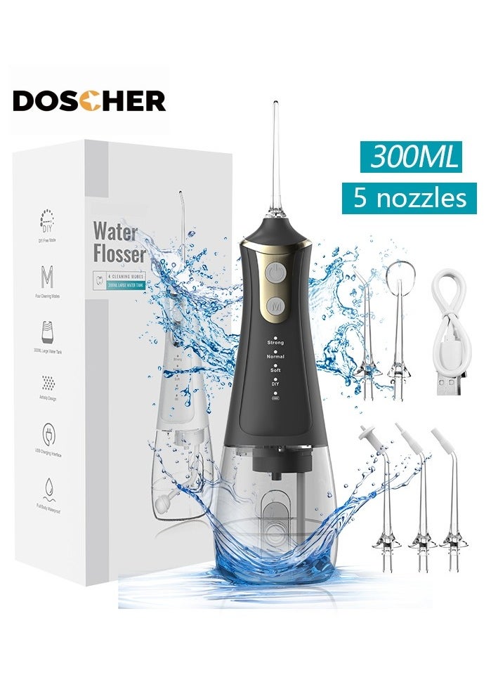 Portable Water Dental Flosser For Teeth Cleaning Dental Oral Irrigator With 4 Modes Scalable 5 Jet Nozzles IPX7 Water Resistance 300ML