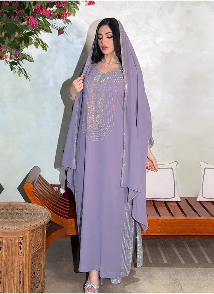 Fashionable Purple Rhinestone Long Robe Party Dress(including headscarf)