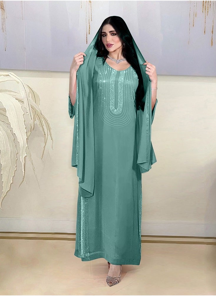 Fashionable Green Rhinestone Long Robe Party Dress(including headscarf)