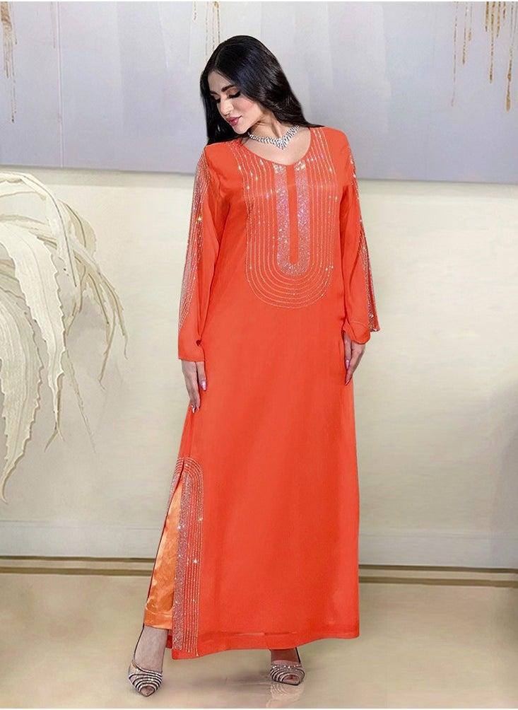 Fashionable Orange Rhinestone Long Robe Party Dress(including headscarf)