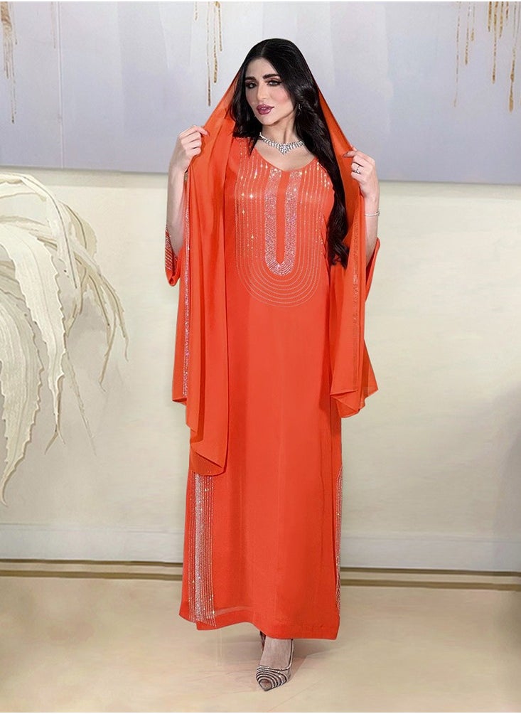 Fashionable Orange Rhinestone Long Robe Party Dress(including headscarf)